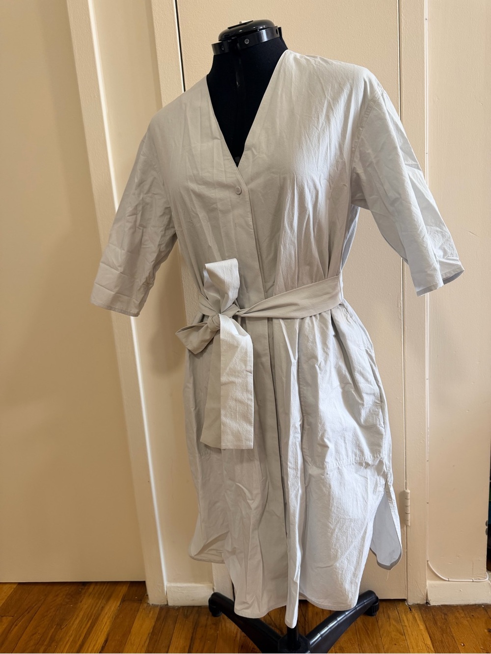 COS Light Gray V-Neck Tie-Waist Midi Dress